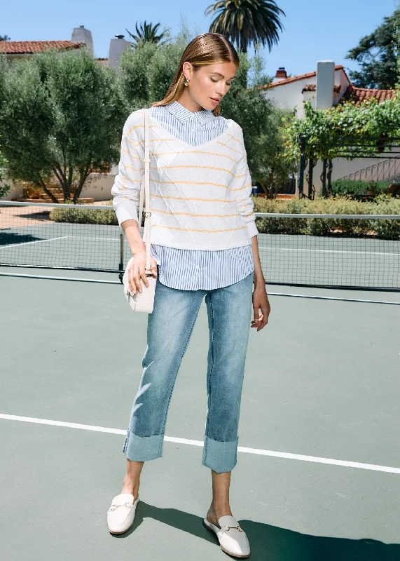 Long Sleeve Mixed-Media Sweater, Yellow Stripe Athletic Women's High - 