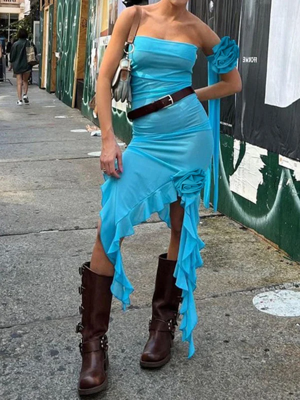 Asymmetric Ruffle Bandeau Maxi Dress Unique Women's Upcycled