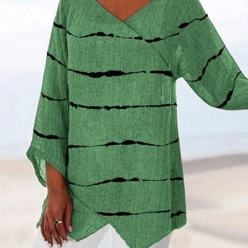 Wholesale Plus Size Clothing Casual Striped Double V-Neck Long Sleeve T-Shirt Refined Women's 