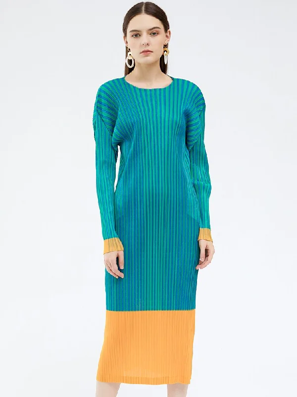 Miyake Pleated Striped Long Sleeves Midi Dress Earthy Women's 