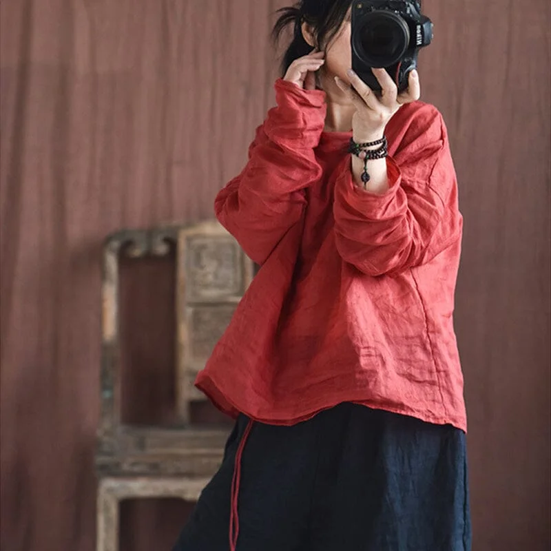 Spring Retro Pleated Linen Loose Casual T-Shirt Laid - back Women's Vibe