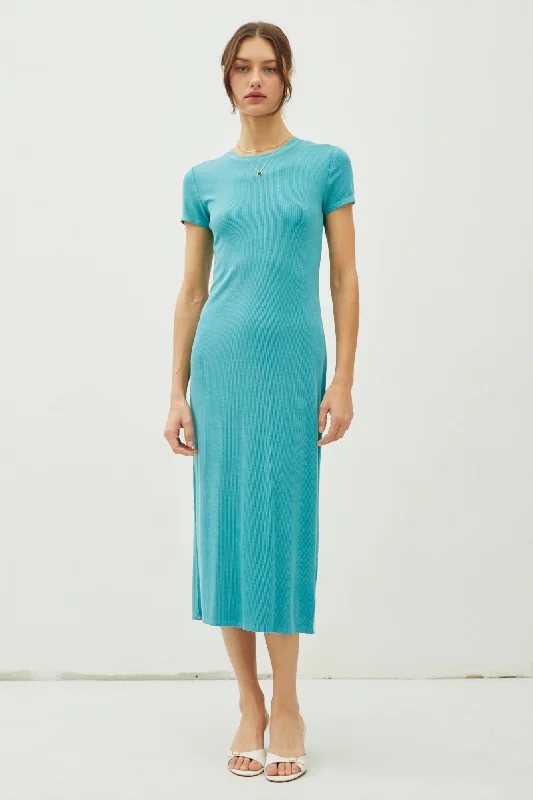 Turquoise Rib Knit Back Slit Dress Refined Women's Velvet
