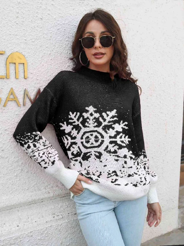 Snowflake Pattern Mock Neck Sweater Elegant Women's Formal 