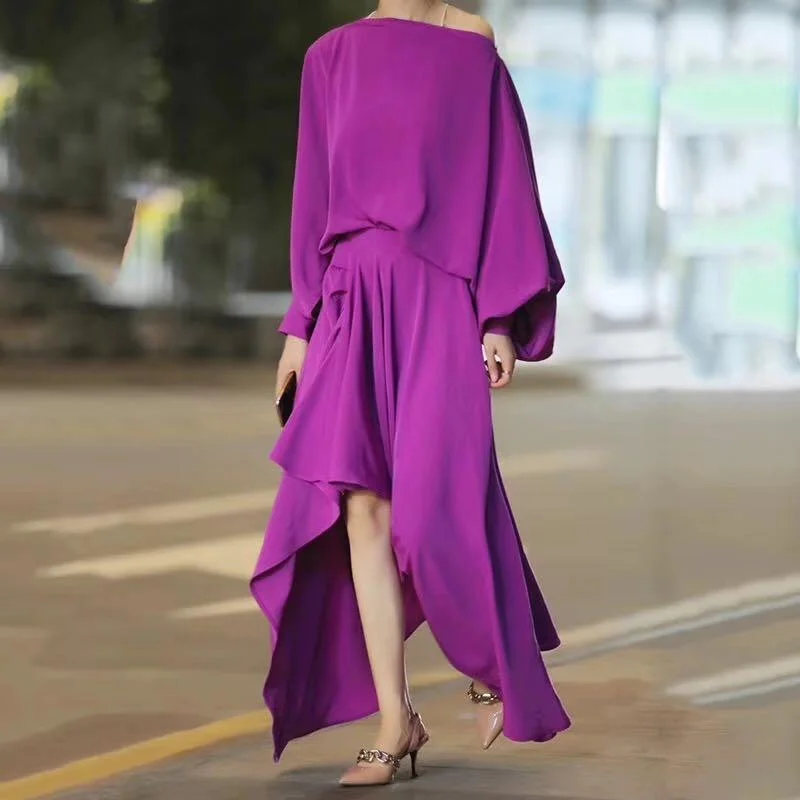 Asymmetrical Slash Neck Lantern Sleeve Maxi Dress Earthy Women's Hemp - based