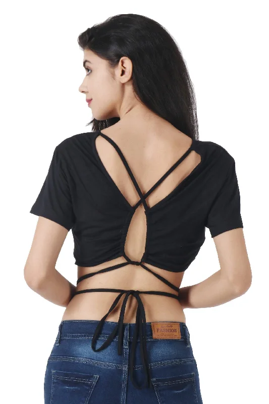 Black Solid Criss Cross Back Tie Top with Sleeves Modern Women's 
