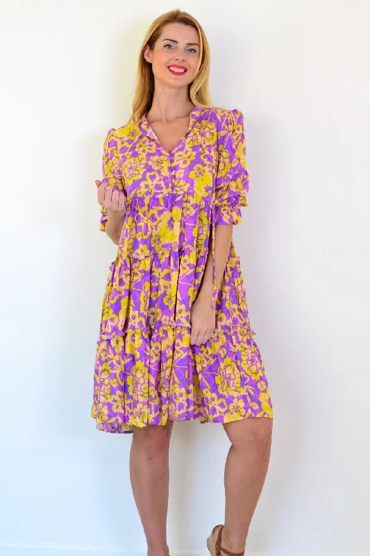 Purple Yellow Floral Boho Dress Cool Women's Distressed