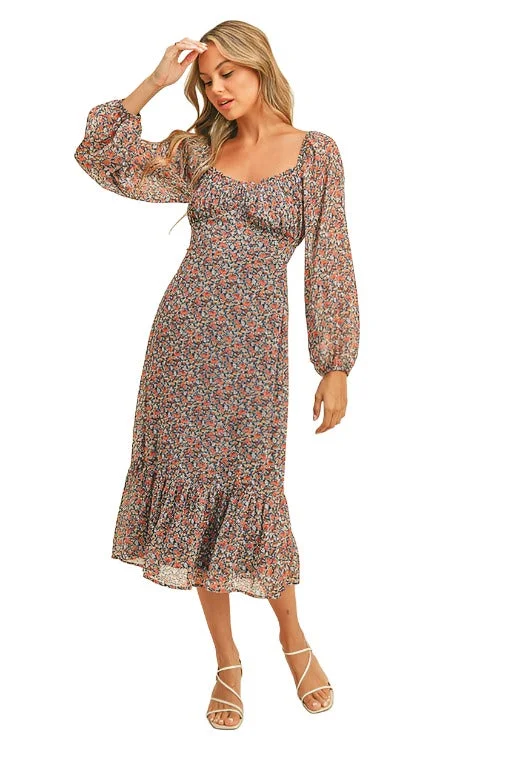 Floral Print Midi Dress Dapper Women's Bow - adorned
