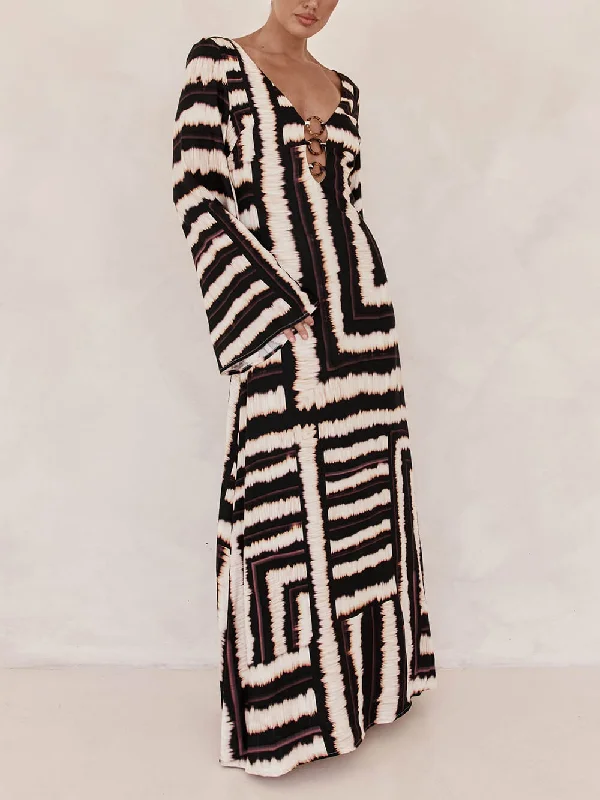 Bohemian Style Unique Printed Graceful V Tie Ring Maxi Dress Elegant Women's 