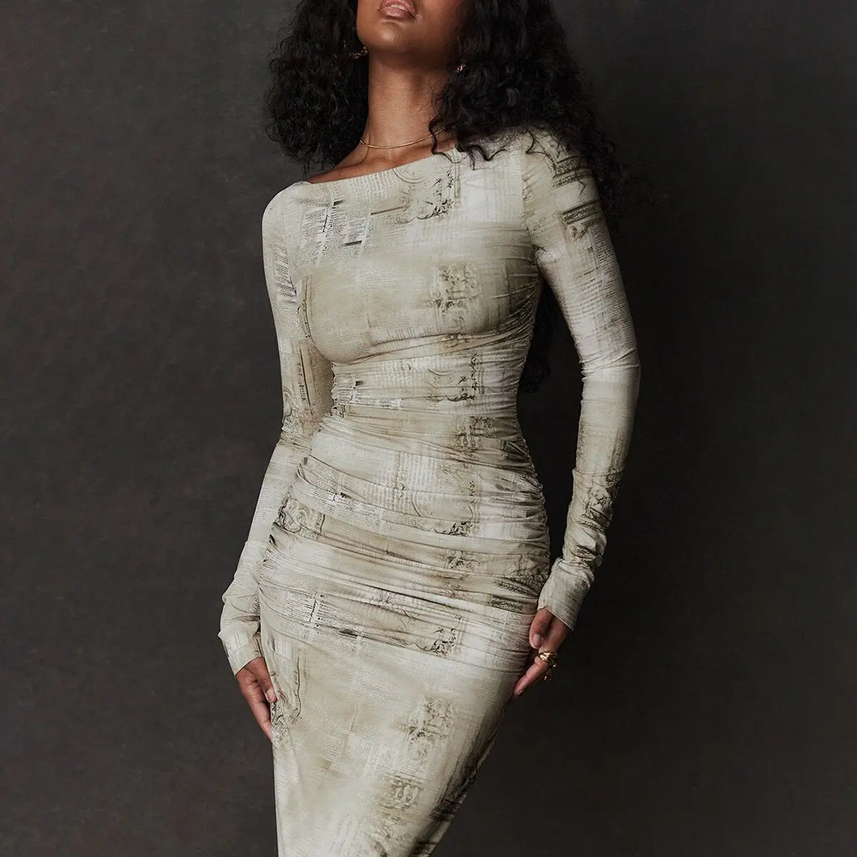 A&A Elegant Long Sleeve Print Slit Bodycon Maxi Dress Modern Women's 