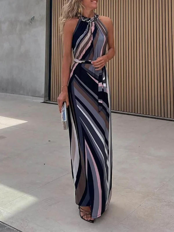 Casual Loose Halterneck Striped Graceful Gradient Print Maxi Dress British Gentlewoman Style