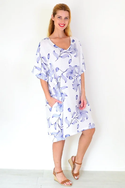 White Embroidery Print Linen Dress French