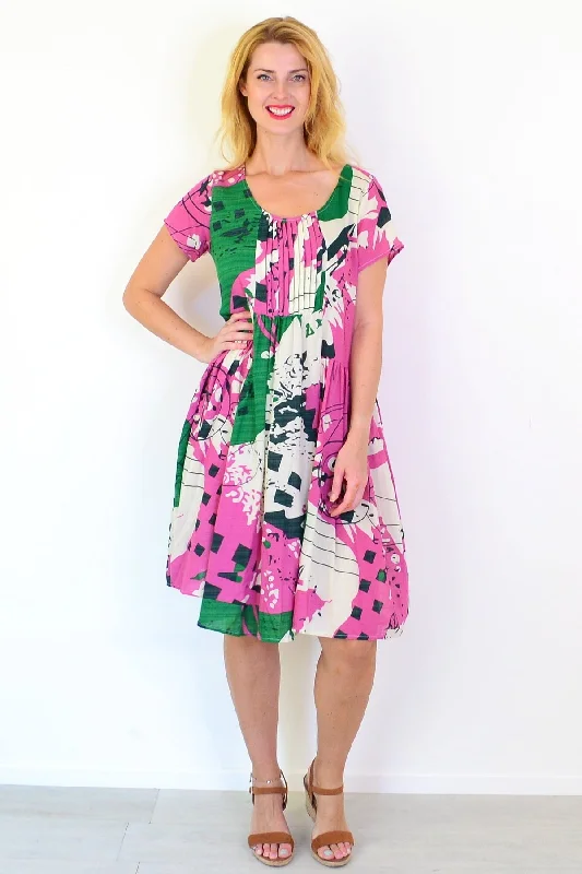 Abstract Pink Green Peasant Tunic Dress Elegant Women's Formal 