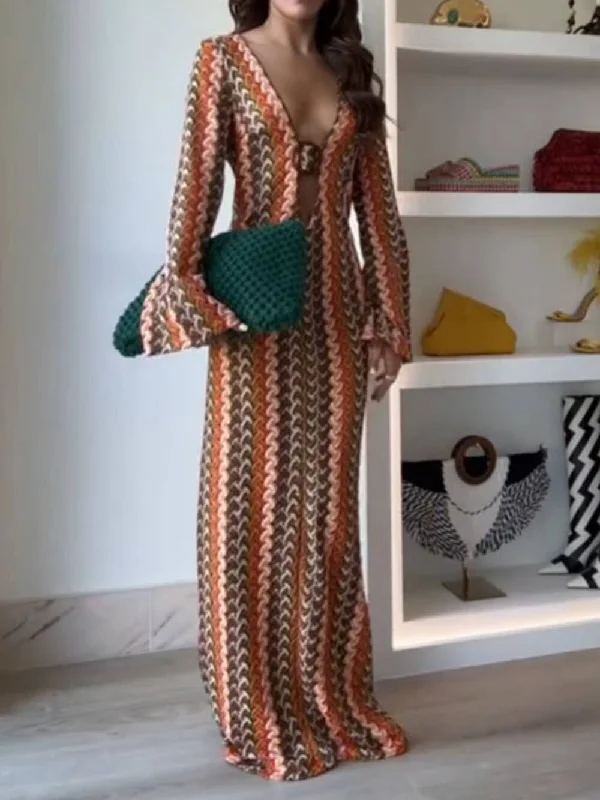 Orange Soda Stripe Print O-Ring Trendy Long Sleeve Beach Maxi Dress Sophisticated Women's Tailored