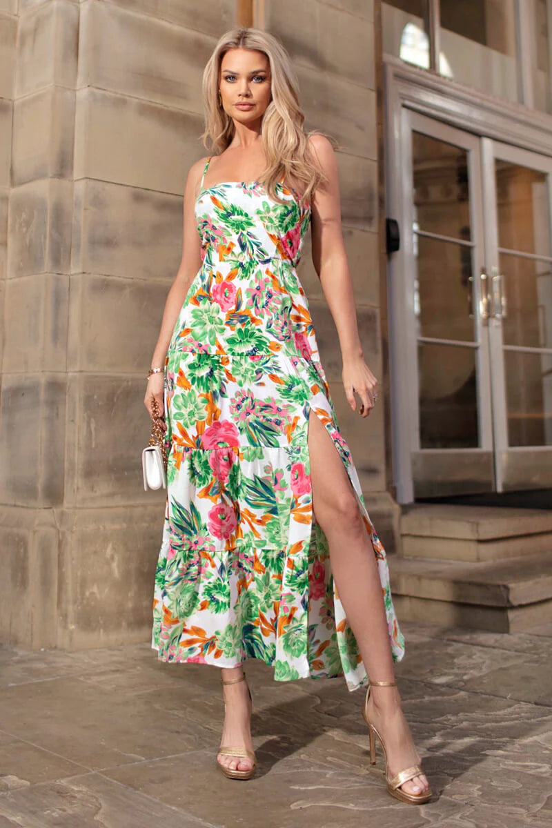 AX Paris Green Floral Print Strappy Smock Midi Dress Sleek Women's 