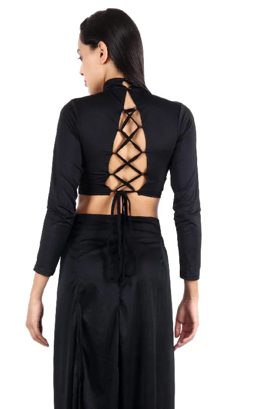 Black Solid Back Criss Cross Tie Top Sporty Women's Tennis
