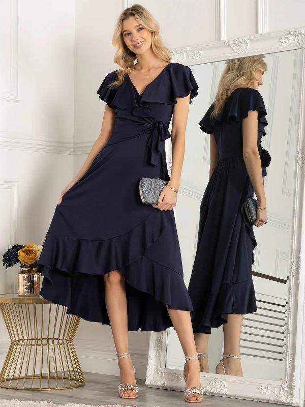 Jolie Moi Alleigh Frill Maxi Dress, Navy Dapper Women's Bow - adorned