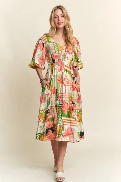 Floral V-Neck Puff Sleeve Midi Dress Gym