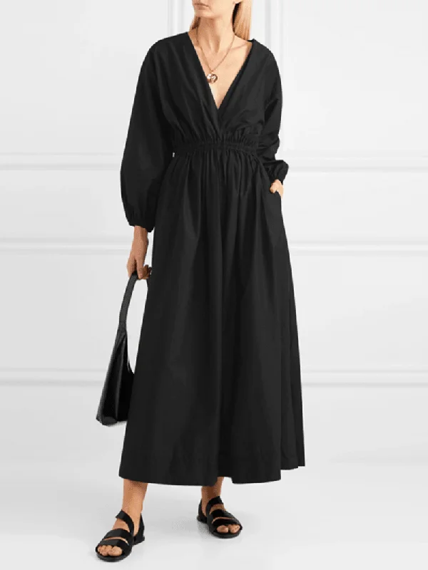Women V-Neck Pleated Elastic Waist Puff Sleeve Elegant Maxi Dresses Disco