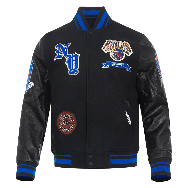 NBA NEW YORK KNICKS PRO PREP WOOL MEN'S VARSITY JACKET (BLACK/ROYAL BLUE/BLACK) Relaxed Women's 