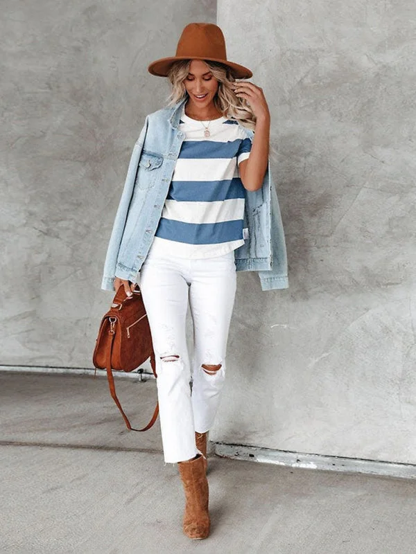 Women's Blue And White Stripe Round Neck Short Sleeved T-shirt Youthful Women's Anime - inspired
