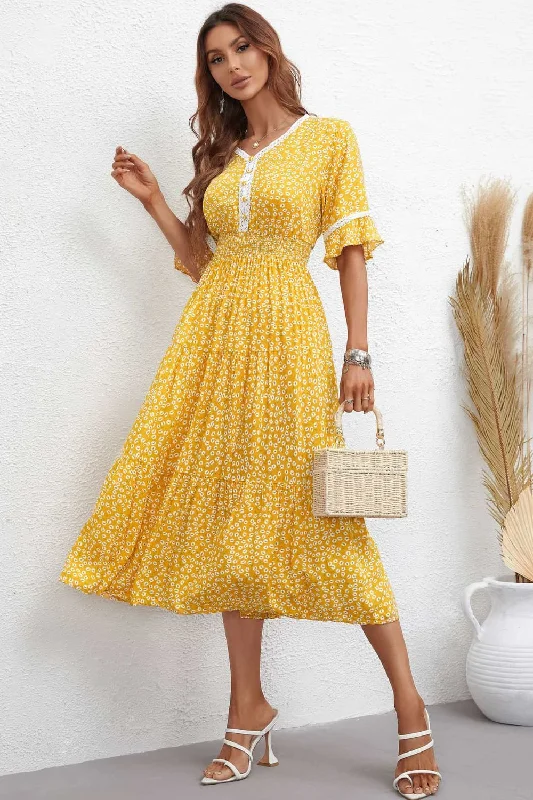 Floral V-Neck Smocked Waist Midi Dress Cool Women's Distressed