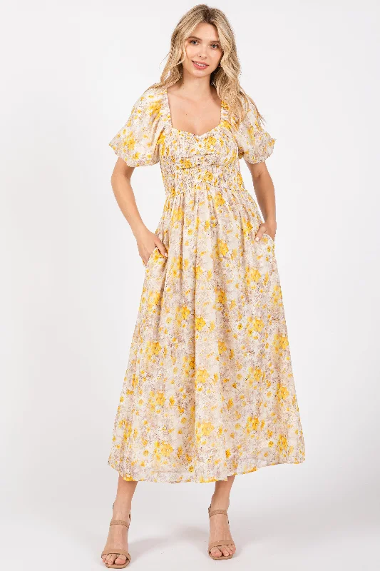 Yellow Floral Smocked Sweetheart Neck Short Puff Sleeve Midi Dress Artistic Women's Avant - 