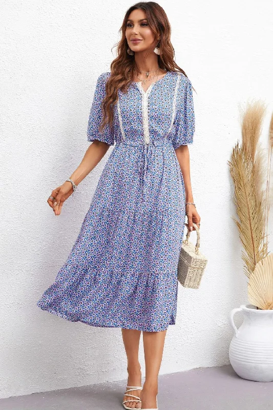 Printed Drawstring Waist Notched Neck Dress Refined Women's Velvet