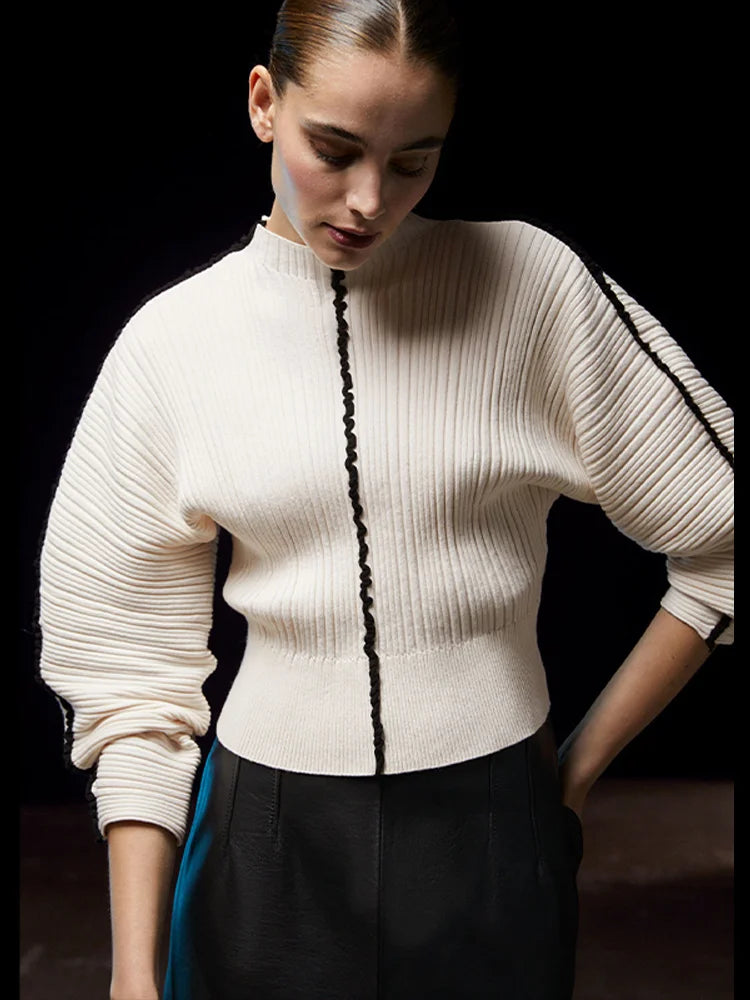 Elegant Contrast Stitching Knitted Pullover Women Casual O-neck Long Sleeves Warm Sweater Sophisticated Women's Elegant Contrast Stitching Knitted Pullover Women Casual O-neck Long Sleeves Warm Sweater Sophisticated Women's