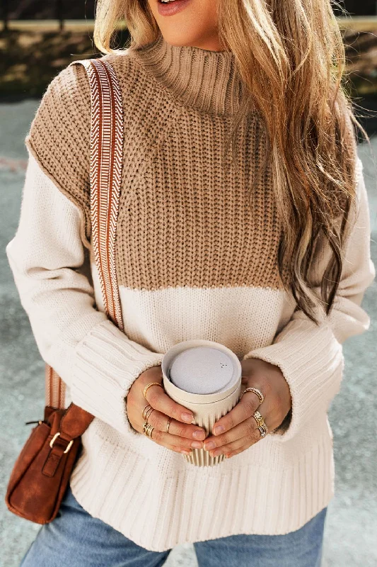Slit Color Block Turtleneck Long Sleeve Sweater Casual Women's Loose - fitting