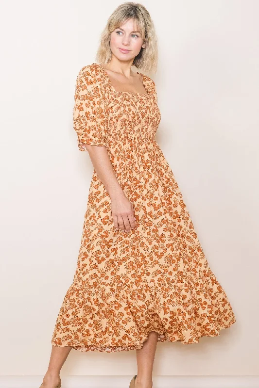 Rust Square Neck Smocked Dress Modern Women's Tech