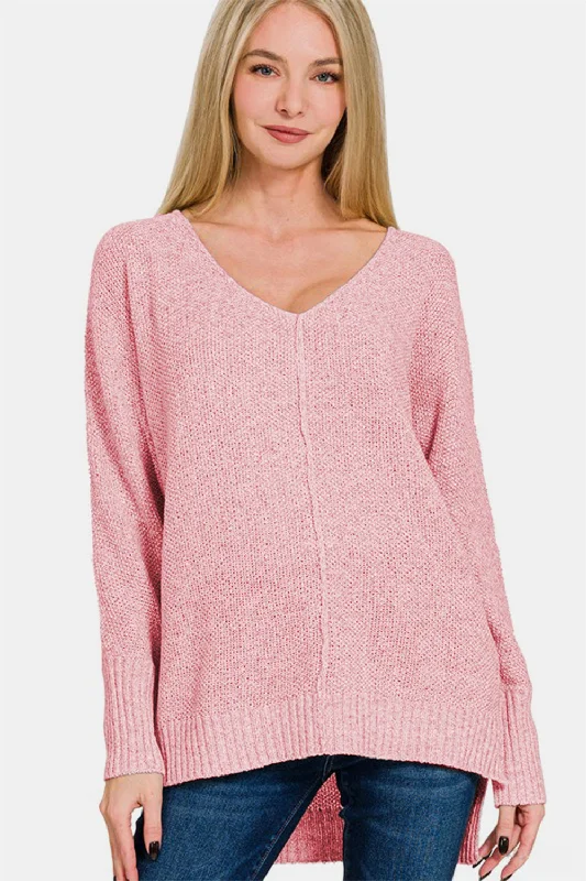 Zenana High-Low Center Seam V-Neck Sweater Cashmere