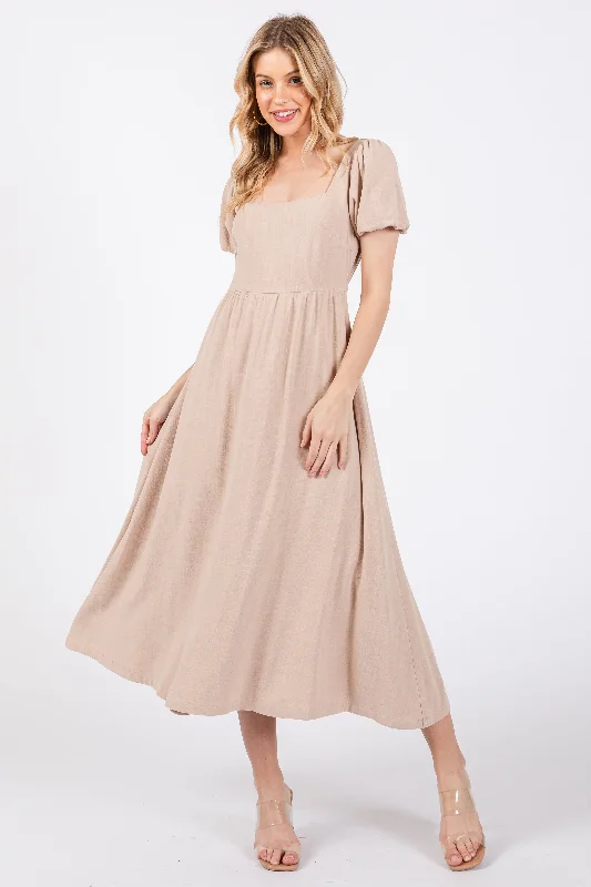 Taupe Puff Sleeve Linen Midi Dress Dynamic Women's Moto