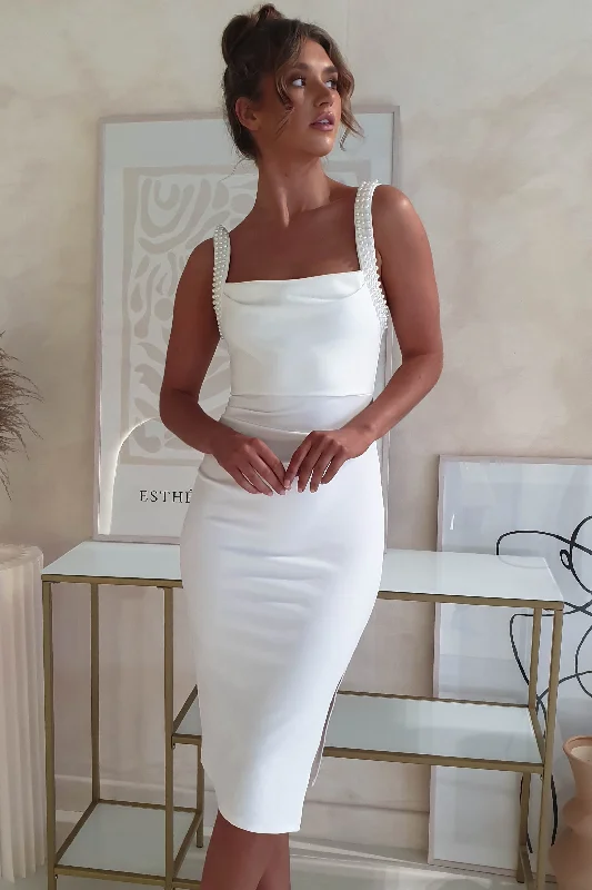 Salena Pearl Detail Bodycon Midi Dress | White Cashmere