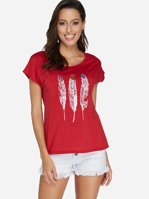 Custom Round Neck Feather Pattern Short Sleeve T-Shirts Trendy Women's Oversized