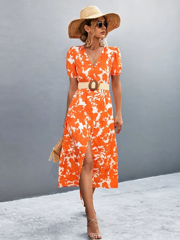 V-Neck Short Sleeve High Slit Midi Dress performance
