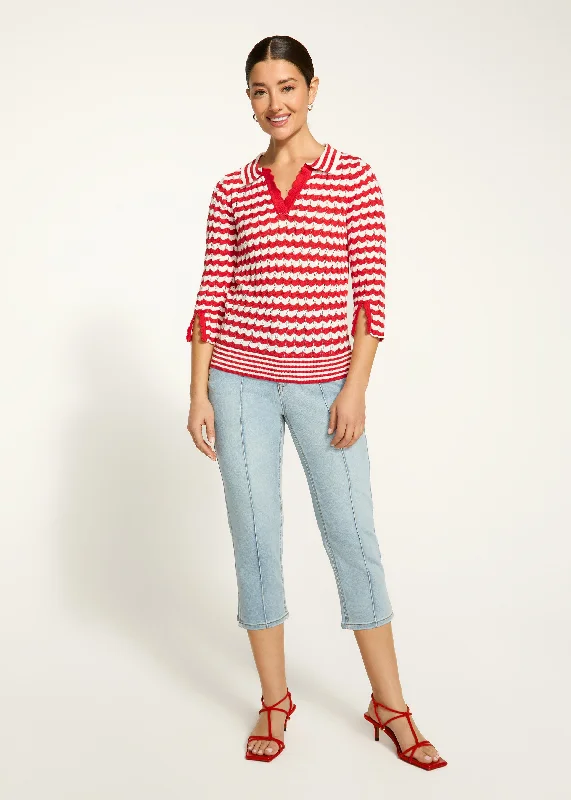 3/4 Sleeve Polo Sweater, Red Stripe Relaxed Women's 