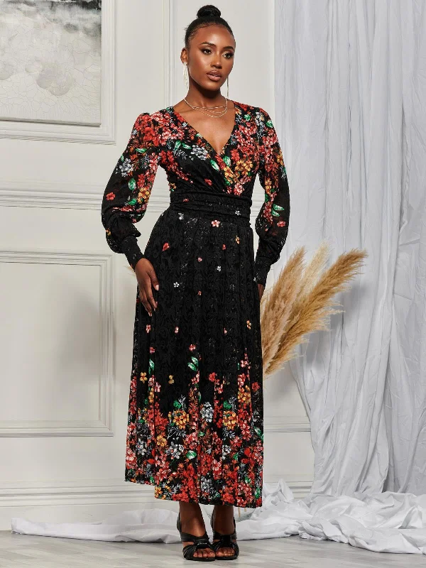Lilah Symmetrical Print Lace Maxi Dress, Red Multi Women