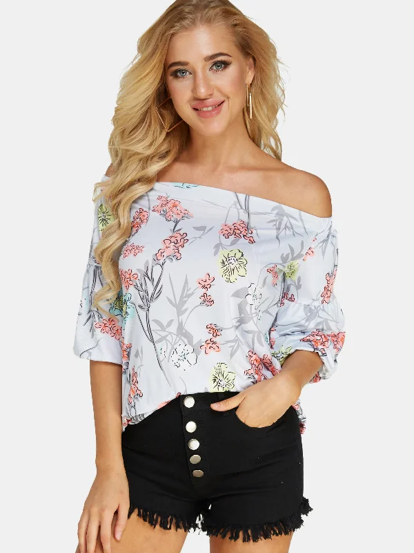 Custom Off The Shoulder Floral Print Half Sleeve White T-Shirts Sleek Women's Metallic