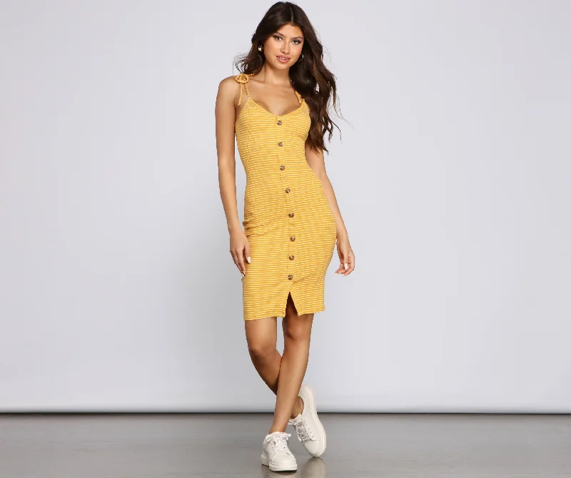 Buttoned In Sassy Charming Stripes Midi Dress Feminine Women's Soft 
