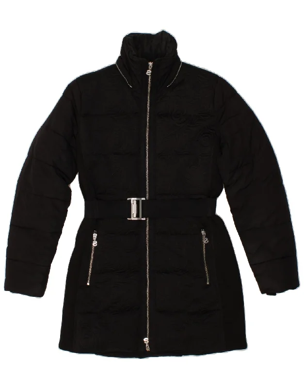 DESIGUAL Womens Padded Coat EU 38 Medium Black Floral Polyester Luxurious Women's High -  end