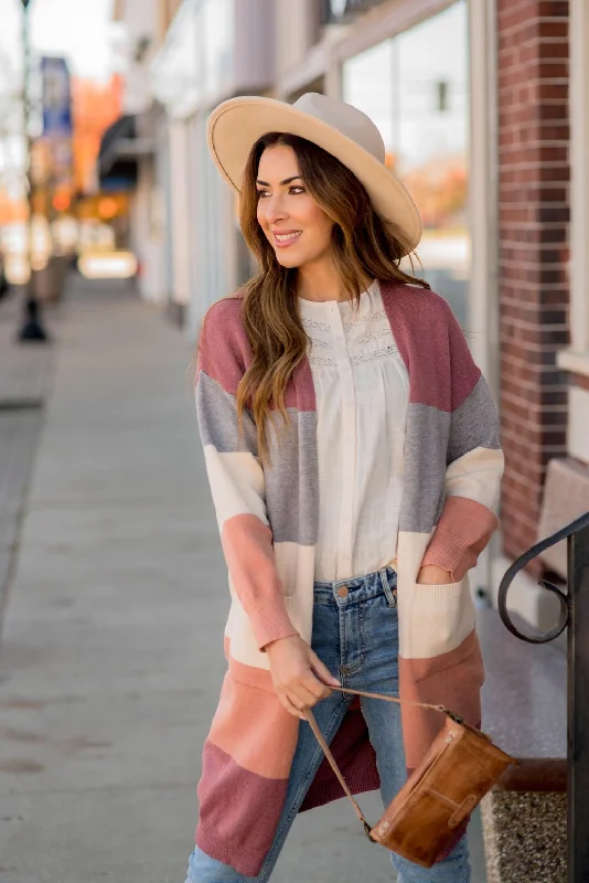 Ribbed Color Block Tunic Cardigan Geometric