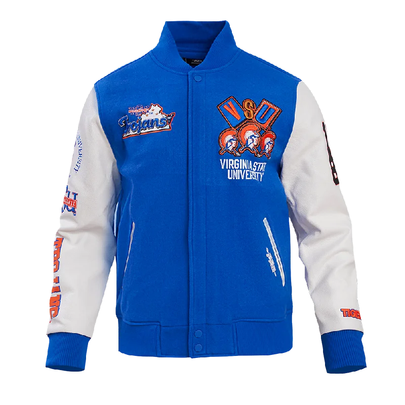 NCAA VIRGINIA STATE UNIVERSITY HOMECOMING WOOL MEN'S VARSITY JACKET (ROYAL BLUE/WHITE) Sleek Women's 