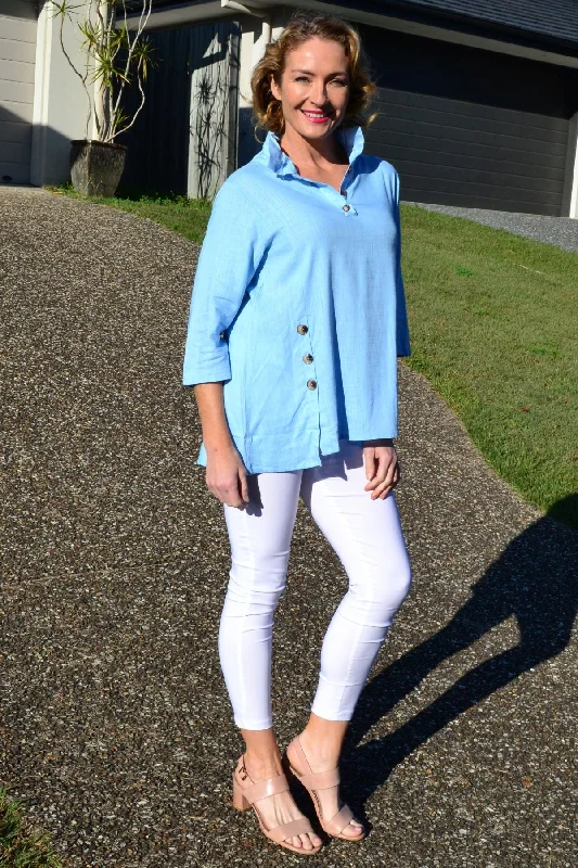 Sky Blue High Collar Tunic Shirt Luxurious Women's High -  end