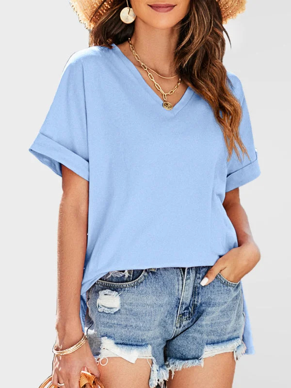 Women's Plain V-Neck T-Shirt Bohemian Women's Free