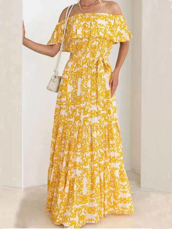 One-Shoulder Short-Sleeve Printed Charming Ruffle Maxi Dress Polished Women's Silk
