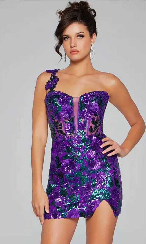 Jovani 40647 - One-Shoulder Sheer Corset Bodice Cocktail Dress Monochromatic All - in - one Jovani 40647 - One-Shoulder Sheer Corset Bodice Cocktail Dress Monochromatic All - in - one