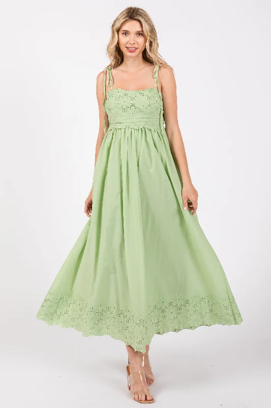 Mint Green Eyelet Floral Shoulder Tie Dress Bohemian Women's Free
