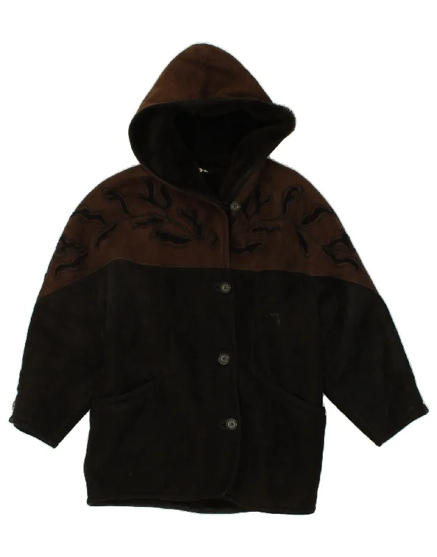 GIAMAX Womens Hooded Jacket UK 14 Medium Brown Colourblock Shearling Rugged Women's Outdoor 