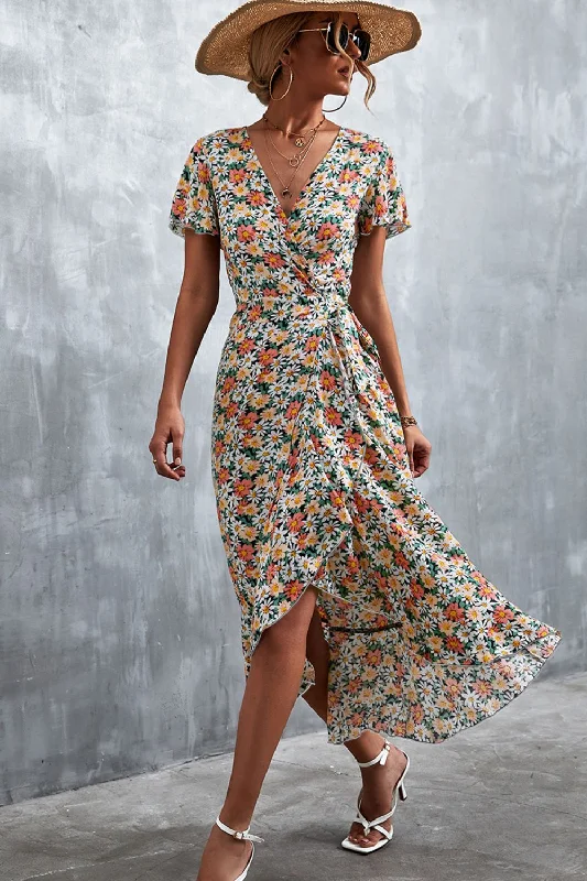 Floral Surplice Neck Tied Midi Dress Unique Women's Upcycled