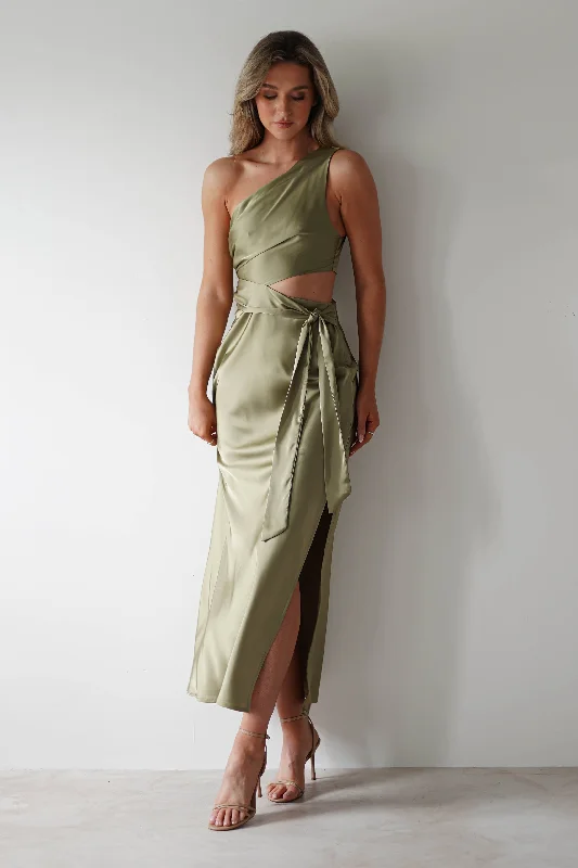 Bonnie Soft Satin Maxi Dress | Olive European